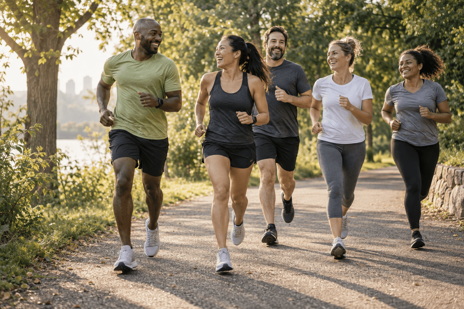 Five friends sharing an easy run along a sunny park path