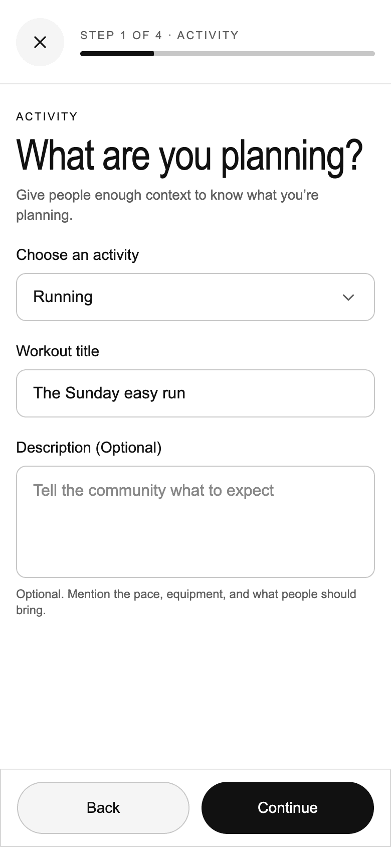 Actual COEXR creation screen with activity and session details