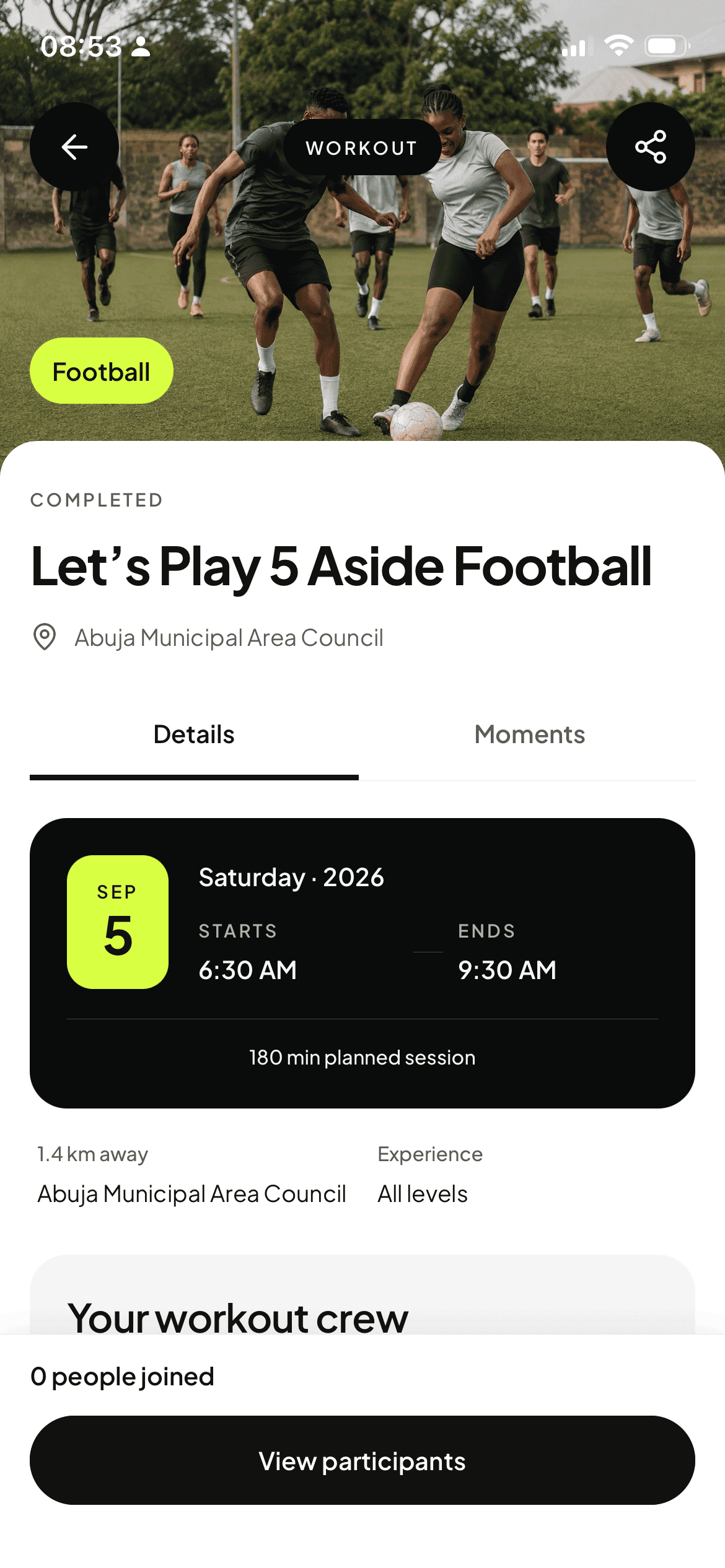 Workout details app preview with demonstration data