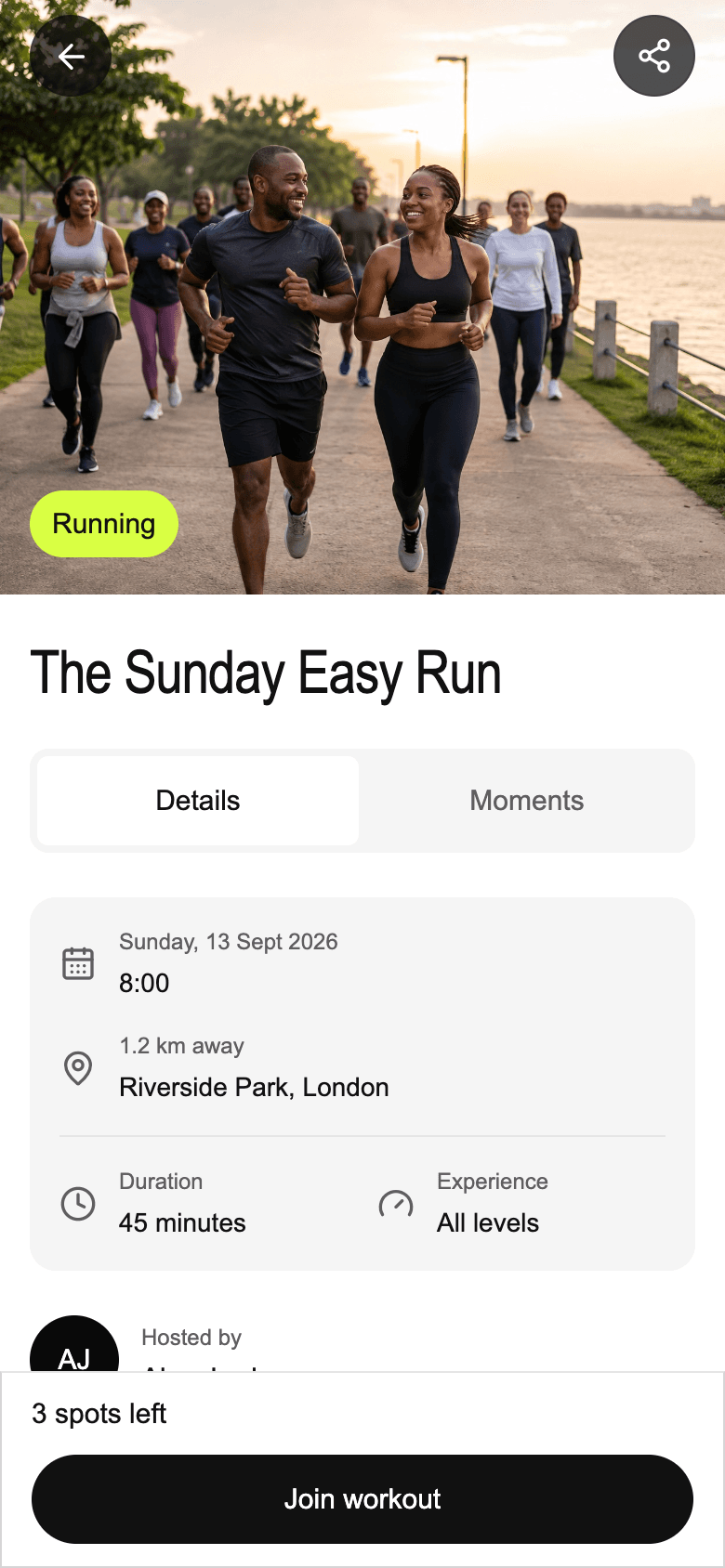 COEXR workout details with session time, participants, and a join action