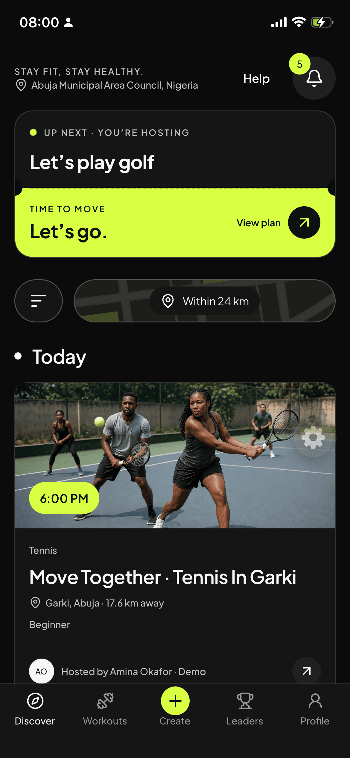 COEXR Discover preview showing nearby workouts with demonstration data