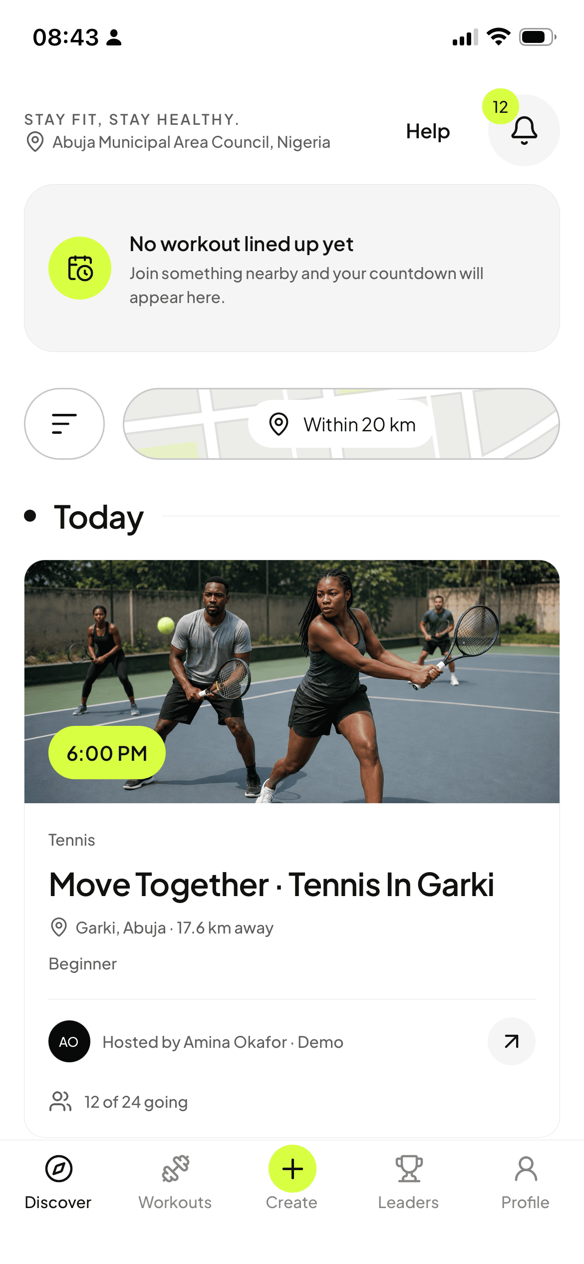 COEXR Discover preview showing nearby workouts with demonstration data
