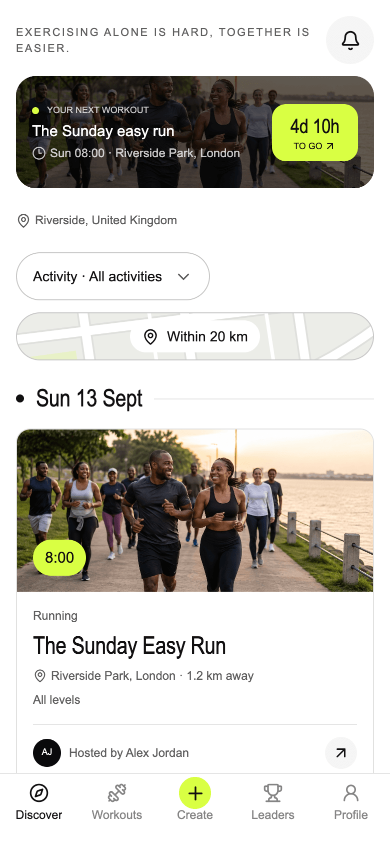 COEXR Discover screen showing nearby workout sessions