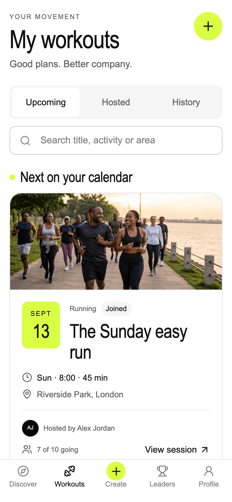 COEXR My Workouts screen with an upcoming joined session